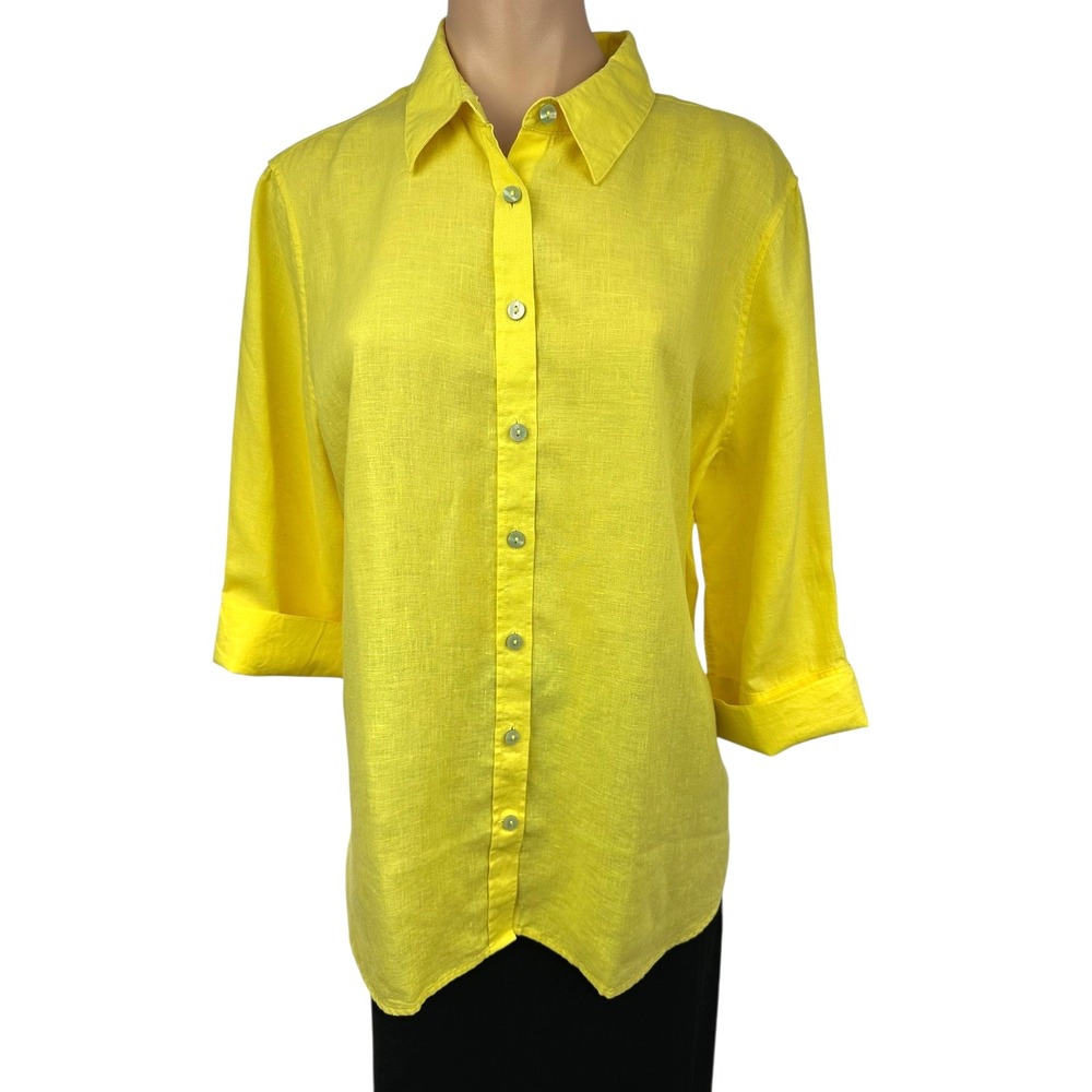 Chico's Yellow Blouse Sz 2/ Large Button Front Collared Linen Blend 3/4 Sleeve